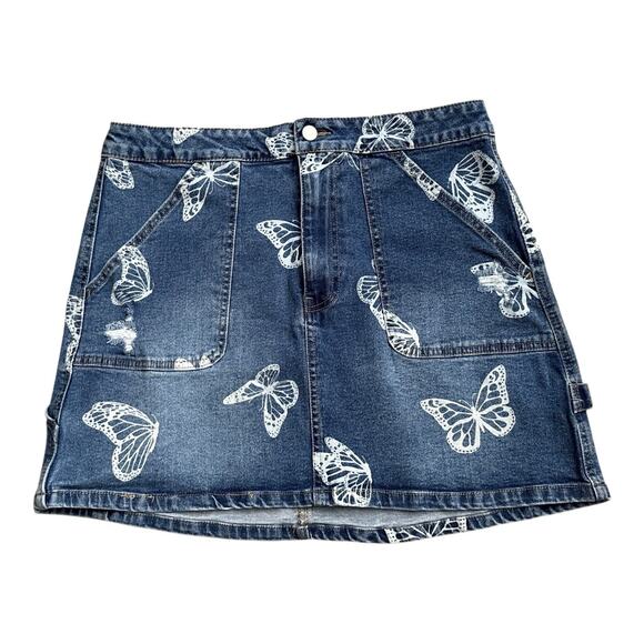 NO BOUNDARIES Womens Size 15 Blue White Butterfly Print Denim Jean Mini Skirt - Picture 1 of 7